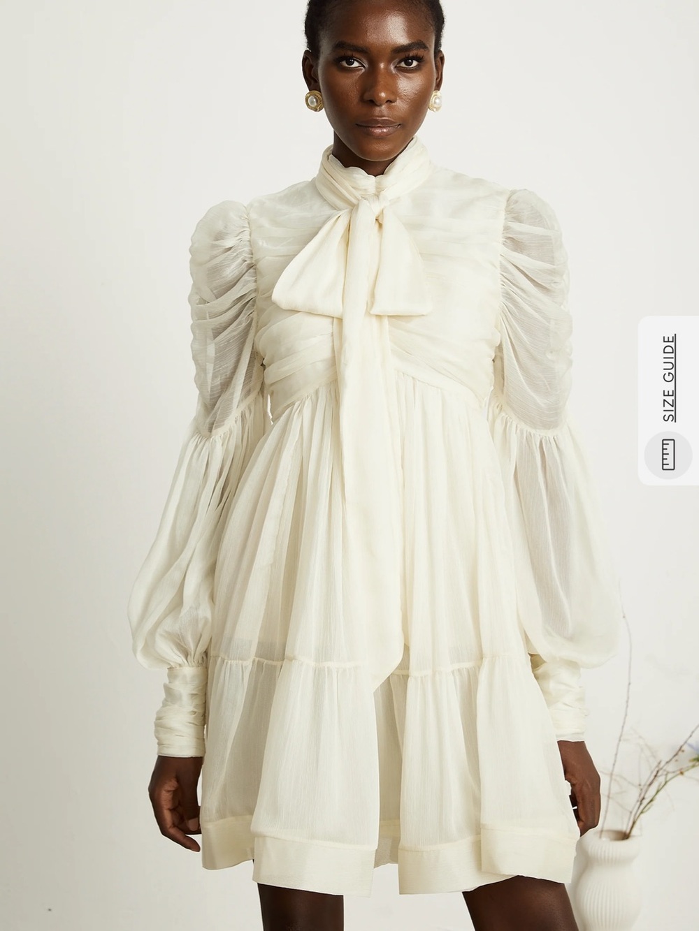 Ivory Tie-Neck Long Sleeve Mini Dress - Picture 7 of 11